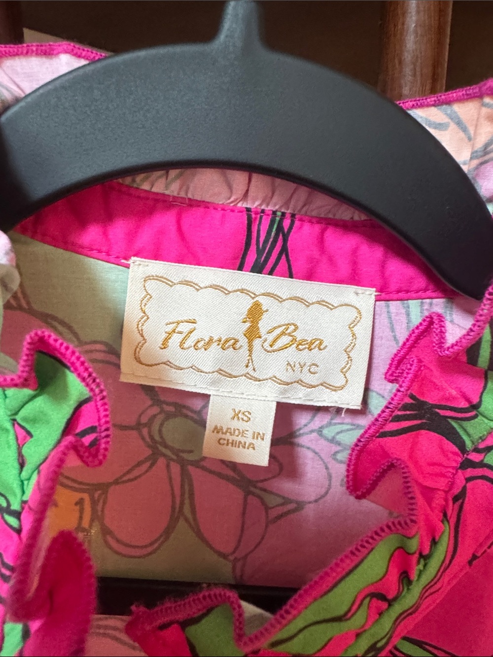 Flora Bea NYC built in cinched waist line floral pink and green and orange - Picture 2 of 4